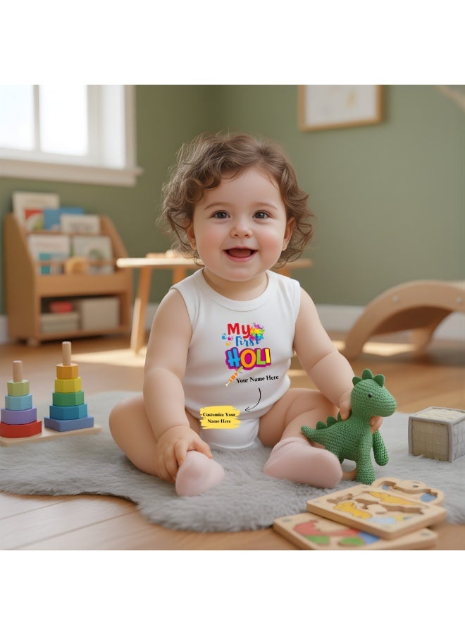 PRINTSHOP4ME Personalized My 1st Holi-Themed Baby Romper - Soft Cotton Fabric-Sleeveless Jumpsuit For Boys And Girls-Comfortable,Lightweight And Breathable Outfit For Festive Celebrations - Image 4